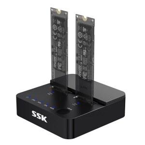 SSK NVMe 및 SATA SSD 클론, M.2 듀플리케이터 듀얼 베이 독 SSD-USB 어댑터, 20Gbps USB3.2 2X2 M.2세대 도킹 스테이션, M 키 / B+M PCIE3.0 4.0 5.0 리더는 오프라인 클론을 지원합니다