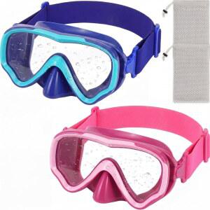 Flutesan 2 Pcs Kids Swim Goggles with Nose Cover No Leak Knitted Fabric Strap 180 Clear View Silicone Diving Swim Mask Bag(Ocean Blue,Watermelon Red)