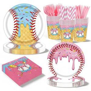 192 PCS 아이스크림 드립 야구 일회용 식기 세트, 24명의 손님에게 제공, 생일 파티를 위한 접시 냅킨 컵 빨대, 스포츠 이벤트 장식 및 선물