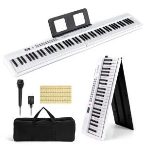 HONEY JOY 88 키 키보드 피아노, 풀 사이즈 반가중 접이식 디지털 피아노 (1000 Timbres), 1000 리듬, MIDI USB, 마이크, 휴대용 케이스, 초보자를 위한 전기 (흰색)