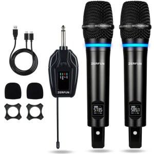 ZERFUN 2 채널 충전식 무선 마이크 시스템, 프로 UHF 메탈 핸드헬드 및 미니 리시버, 노래방 노래 교회를 위한 제어 기능