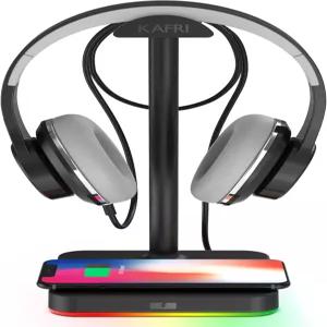 KAFRI RGB 헤드폰 스탠드와 무선 충전 데스크 게임 헤드셋 홀더 행거 랙 0W/75W 고속 QI 패드 게이머