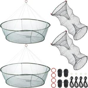 메고세이지 2PCS 낚시 미끼 덫과 접이식 그물 랍스터 새우 캐스트 네트 나일론 미노우 로프 드롭 포함