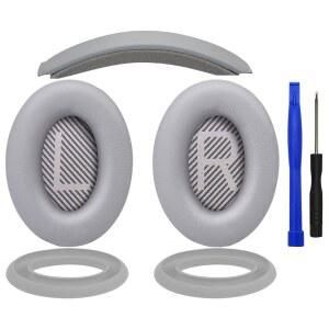 보스 콰이어트컴포트 QC35 / II 오버이어 헤드폰용 소울윗 교체 키트 이어 패드 쿠션 + 헤드밴드 실리콘 커버 프로텍터 - 실버