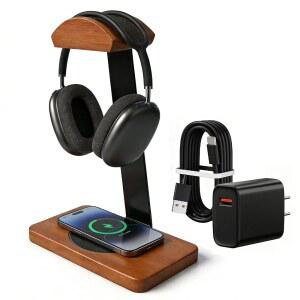 QI 무선 충전 패드가 장착된 견고한 액세서리, 장비 RAZER, 헤비 호두나무 홀더, 선택권 AKG와 우드 MAX, 듀티 스탠드, 범용 호환되는 나무 책상용 , 선물 헤드셋 헤드폰
