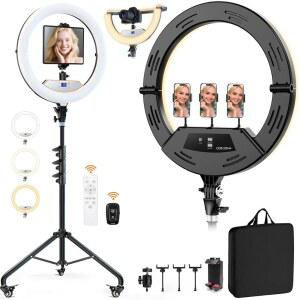폰 패드 카메라용 스탠드가 있는 18인치 접이식 링 라이트 휠이 75인치 삼각대 38W 6500K LED 디스플레이 /원격 /2개의 USB 포트 유튜브 페이스북 틱톡 라이브 비디오 녹화용 대형 라이트 롤링