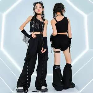 댄스복 방송 아이돌 무대 의상 발표회 여자 재즈 댄스 세트 블랙 탑 바지 치어리딩 공연 청 힙합 스트리트