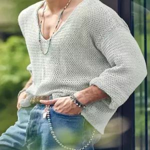 반팔 니트 여름 니트티 스타일 남성 루즈핏 단색 풀오버 스웨터 캐주얼 v 브이 넥 긴팔 오픈워크