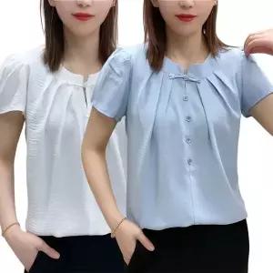 반팔티 반팔 블라우스 블라우스 반팔 단추 오리엔탈 퍼프소매 루즈핏 캐주얼 데일리  DGC051708 34 17