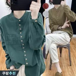 (25년 신상) 85kg까지 빅사이즈 여성 차이나 순면 빈티지 단추 셔츠 봄 가을 편한 사계절 가벼운 심플 캐주