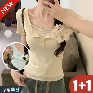 (26년 신상) 1+1 날씬해보이는 여성 플라워 레이스티 레이어드 반팔 티셔츠 여름 편한 반카라 글래머 청순