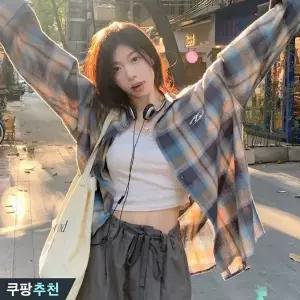 (26년 신상) 100kg까지 빅사이즈 여성 빈티지 체크 배색 날씬해보이는 셔츠 봄 가을 편한 캐주얼 심플 데일