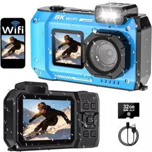 SPUNALP UHD 8K 수중 카메라 70MP 33FT WiFi 방수 디지털 32GB 카드 오토 포커스 듀얼 스크린 셀피 2500mAh