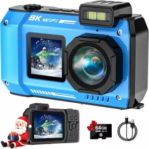 SPUNALP UHD 8K 수중 카메라 70MP 33FT WiFi 방수 디지털 64GB 카드 오토 포커스 듀얼 스크린 셀피 2500mAh