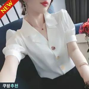 (26년 신상) 75kg까지 빅사이즈 여성 흰색 고급 세련된 쉬폰 셔츠 여름 편한 우아한 디자인 빈티지 카라넥