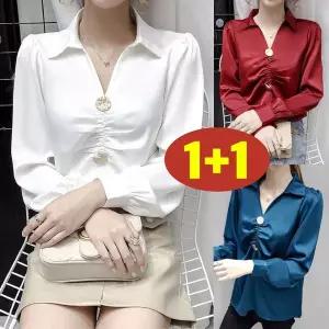 (고품질 추천) 1+1 여성 프렌치 카라 퍼프 입체 플리츠 셔츠 봄 여름 편한 브이넥 오픈카라 단추 포인트 시