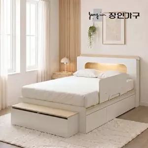 [장인가구][착불] 엘리베어 리프트업 LED헤드 빅수납 침대 프레임 서랍형 Q (높이 400)+수납계단+안전가드