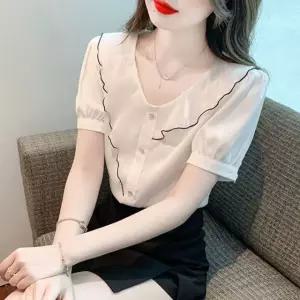여성 반팔 블라우스 V넥 여름 시폰 슬림핏