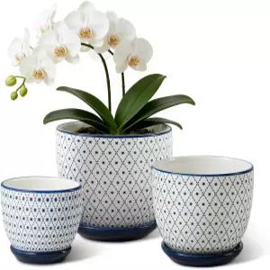 체르킥 세라믹 화분 - 실내 식물을 위한 3.5+4.6+5.6인치 배수 구멍과 접시 난초 허브 다육질 선인장 홈