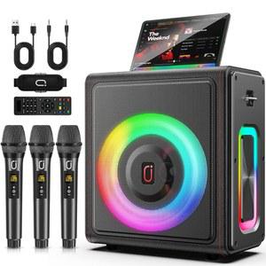 노래방 기계 무선마이크 3개 포함 휴대용 블루투스 5.3 스피커 피치 보정 300W 빈티지 가죽 PA 시스템 TV /TWS /TF 카드 /USB /AUX /라이브 (3MICS) 지원
