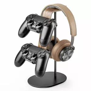 QinCoon Controller and Headset Holder, Aluminum Wood Gaming  Headphone Stand for PS5 PS4 Xbox One N