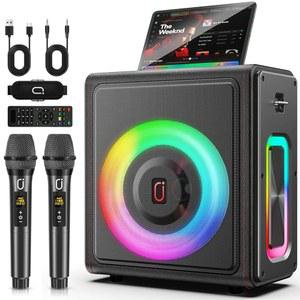 노래방 기계 무선마이크 2개 포함 휴대용 블루투스 5.3 스피커 피치 보정 200W 빈티지 가죽 PA 시스템 TV /TWS /TF 카드 /USB /AUX /라이브 (2MICS) 지원