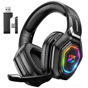 플립 마이크가 장착된 오제이노 무선 게이밍 헤드셋 PS5 PS4 PC용 RGB 조명 헤드폰 - 2.4GHz USB 타입 C 송신기