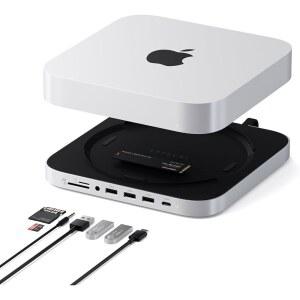 사테치 맥 미니 허브 앤 스탠드(NVME /SATA M.2용 SSD 인클로저 포함) USB C 10Gbps A 5/10Gbps 3개 오디오 잭( 용) M2 /M1(M4와 호환되지 않음) - 실버