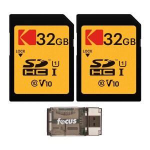 코닥 32GB 클래스 10 UHS-I SDHC 메모리카드(2팩) 번들 포커스 USB 카드 리더(3개 품목)