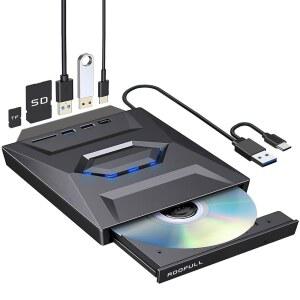 USB 3.0 USB-C 허브와 SD /TF 카드 슬롯이 있는 ROOPULL 외장 CD DVD 드라이브 버너 노트북 PC Windows 11/10 Mac Linux용 휴대용 CD-ROM 플레이어 광디스크 리더라이터