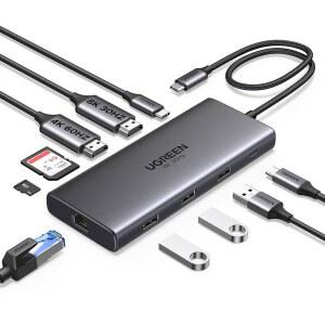 UGREEN 10-in-1 USB C 도킹 스테이션 듀얼 HDMI 4K@60Hz 싱글 8K@30Hz 100W PD 5Gbps C&A 데이터 포트 기가비트 이더넷 SD /TF 3.0 카드 리더 Revodok Pro 210 USB-C 허브 Dell 지원