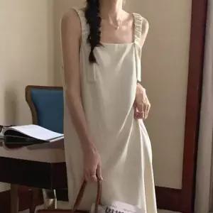 일자핏 어깨끈 밴딩 나시 민소매 롱 원피스
