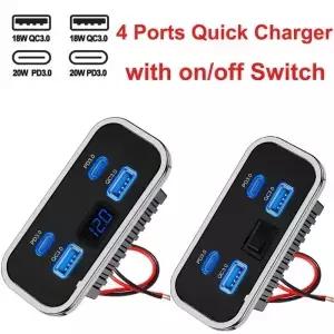 4포트 12V/24V 차량용 USB 소켓 충전기 76W 듀얼 PD3.0 타입C 퀵 차지 QC3.0 전원 어댑터 해양 버스 ATV