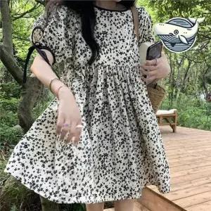 플라워 미니 원피스 소매 리본 나들이 패턴 여름원피스 반팔원피스 편한원피스