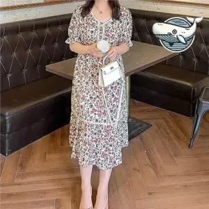 로맨틱 플라워 패턴 롱원피스 가벼운 소매 밴딩 여름원피스 반팔원피스 홈원피스