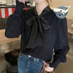 우아한 리본 디테일 블라우스 플라워 패턴 자수블라우스 시스루셔츠 이너블라우스
