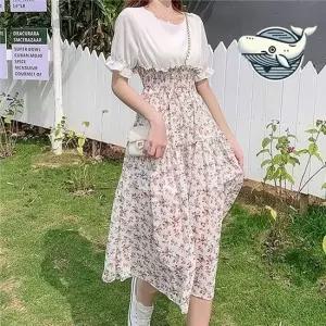 여름 패션 플라워 쉬폰 원피스 스모크 밴딩 여름원피스 반팔원피스 빅카라원피스