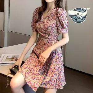 여성 플라워 랩원피스 퍼프소매 허리끈 A라인 슬림핏원피스 반팔원피스 프릴원피스