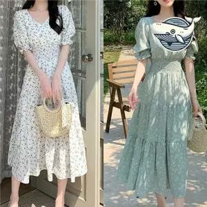 쉬폰 플라워 퍼프소매 A라인 여름 원피스 여름원피스 반팔원피스 빅카라원피스