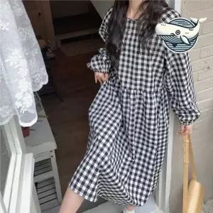 편안한 체크 롱원피스 여유로운 허리 셔링 여성원피스 하객룩원피스 데일리원피스