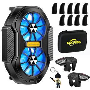 14 in 1 휴대폰 듀얼 쿨러(LED 조명 포함), 냉각 팬 라디에이터, 2pcs L2R2 모바일 게임 컨트롤러 트리거(PUBG / 포트나이트 콜 오브 듀티 w 9pcs 핑거 글러브 슬리브 포함)
