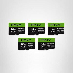 PNY 64GB 프리미어-X 클래스 10 U3 V30 microSDXC 플래시 메모리카드 5팩 - 100MB /s A1 4K UHD 풀 HD UHS-I 마이크로 SD