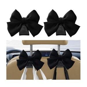 KHGUZ 카시트 헤드레스트 후크 2PCS 귀여운 보우 매듭 차량 시트백 걸이 보관 정리함 지갑 코트 우산용 행거 유니버설 자동차 인테리어 장식 액세서리 블랙