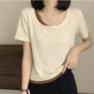 사선 언발란스 레이어드 반팔 티셔츠 여름 루즈핏 라운드 면티