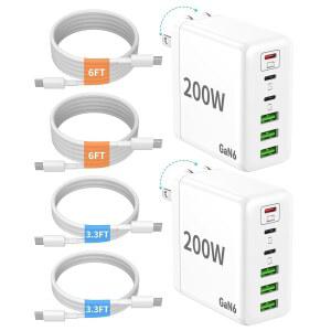 USB C 충전기 블록 2팩 200W GaN 초고속 타입 17 16 고속 충전 6포트 폴더블 PD 충전소 모든 / Android Phone 삼성 갤럭시 S25 S24