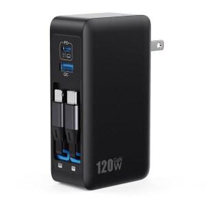 내장형 2개의 접이식 케이블이 있는 USB C 충전기 블록 120W 4-in-1 GaN IV 고속 충전 플러그 월 맥북용 PD 65W 노트북 17 /16 /15 /14 갤럭시 안드로이드