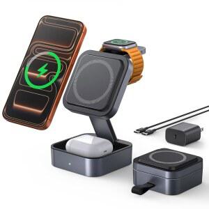멀티 디바이스용 Aoara 3in1 무선 충전 스테이션 접이식 여행용 컴팩트 MagSafe 충전기 스탠드 17/16/15/14/13용 20W PD 어댑터 에어팟 프로 /4 - 스페이스 그레이