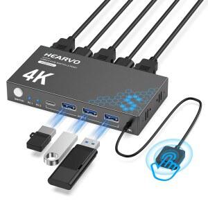Hearvo USB 3.0 HDMI KVM 스위치 1 모니터 2대 키보드 마우스 하드 드라이브 프린터를 공유하는 2대의 컴퓨터용 4K@60Hz EDID 적응형 2USB 케이블 컨트롤러 -S7232H