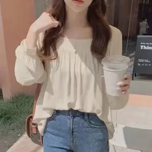 쉬폰 긴팔 블라우스 봄 가을 스퀘어넥 여성 노카라