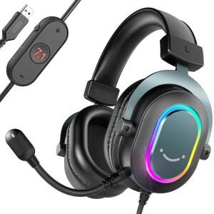 마이크-7.1 노트북용 서라운드 사운드 컴퓨터 USB 헤드셋 PS4/PS5에서 스트리밍 헤드폰 EQ 모드 RGB 소프트 이어패드 포함 PC 유선 헤드폰용 피파인 게이밍 - AmpliGame H6